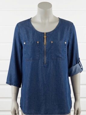Relaxed Anne Klein Navy Zip-Pocket Tunic Top with Roll-Tab Sleeves